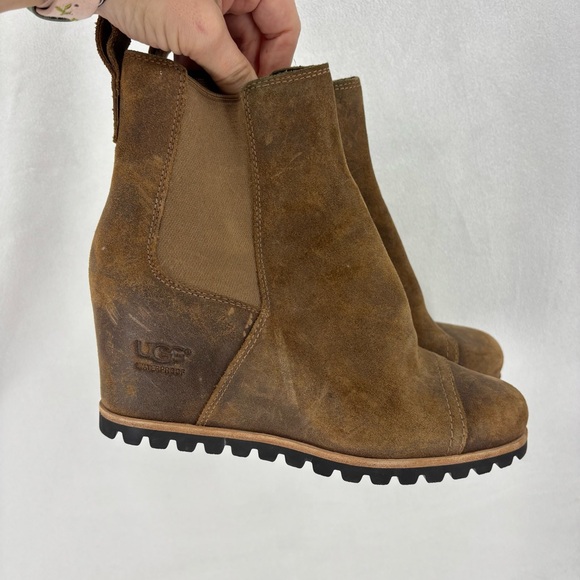 UGG Pax Waterproof Wedge Booties Women’s 6.5 Brown Suede Leather Ankle Boots - Picture 1 of 10